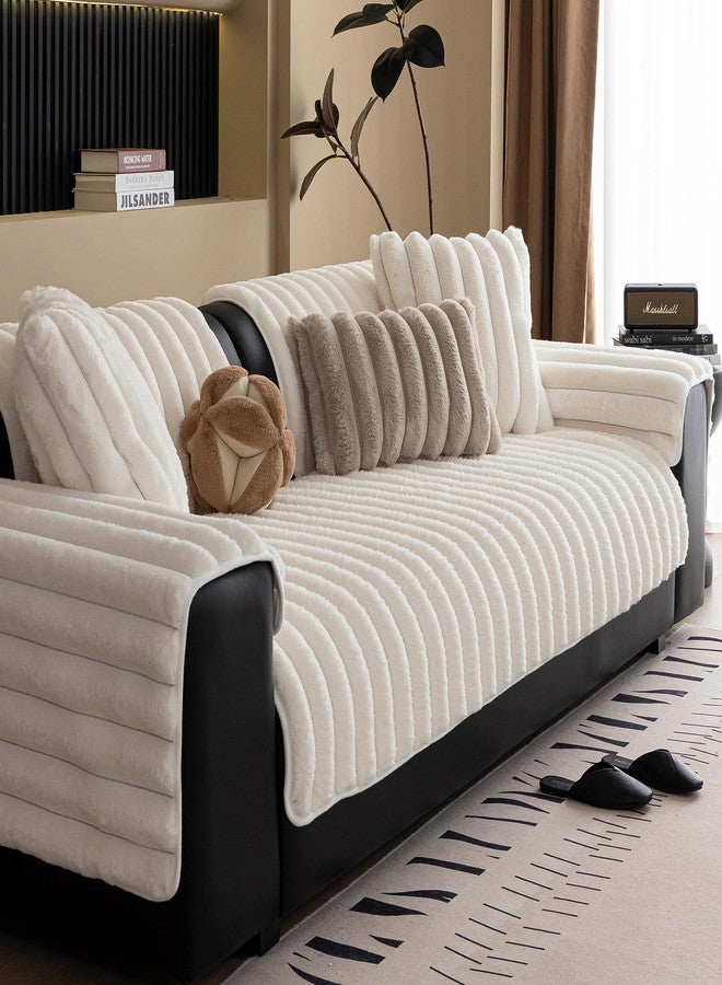 XSlive Faux Rabbit Fur Couch Sofa Cover Washable, Shaggy Fuzzy Sectional Couch Cover, Stripe Non-Slip Soft Plush Sofa Slipcover Furniture Protector for Dogs, Pets (Ivory,28"x28") - Image 5